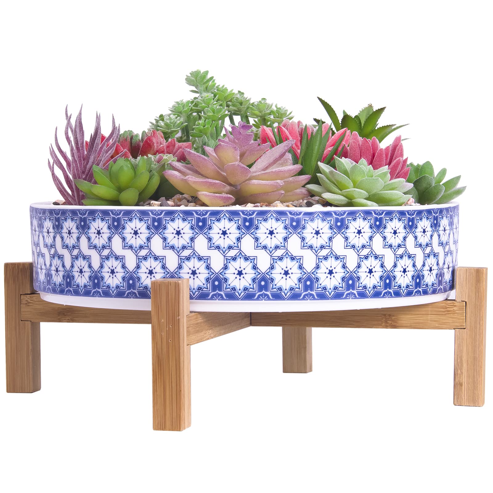 ARTKETTY Succulent Pots, 11 Inch Large Succulent Planters with Drainage Ceramic Bonsai Pot with Bamboo Stand, Shallow Planters for Indoor/Outdoor Plants Modern Floral Cactus Flower Plant Bowl