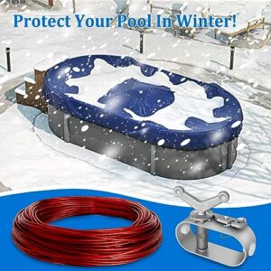 Belleone Swimming Pool Cover Cable and Winch Kit - 100ft Plastic-Coated Steel Pool Cover Wire & Aluminum Spring Loaded Pool Cover Ratchet for Above Ground Swimming Pool Winter Safe