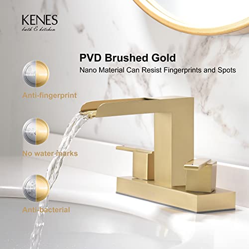 KENES Brushed Gold Waterfall Bathroom Faucet 3 Hole Gold 4 Inch 2 Handle Centerset Bathroom Sink Faucet Modern Bathroom Vanity Faucet with Supply Lines, KE-9053-4