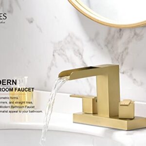 KENES Brushed Gold Waterfall Bathroom Faucet 3 Hole Gold 4 Inch 2 Handle Centerset Bathroom Sink Faucet Modern Bathroom Vanity Faucet with Supply Lines, KE-9053-4