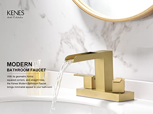 KENES Brushed Gold Waterfall Bathroom Faucet 3 Hole Gold 4 Inch 2 Handle Centerset Bathroom Sink Faucet Modern Bathroom Vanity Faucet with Supply Lines, KE-9053-4