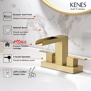KENES Brushed Gold Waterfall Bathroom Faucet 3 Hole Gold 4 Inch 2 Handle Centerset Bathroom Sink Faucet Modern Bathroom Vanity Faucet with Supply Lines, KE-9053-4