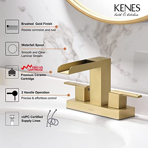 KENES Brushed Gold Waterfall Bathroom Faucet 3 Hole Gold 4 Inch 2 Handle Centerset Bathroom Sink Faucet Modern Bathroom Vanity Faucet with Supply Lines, KE-9053-4