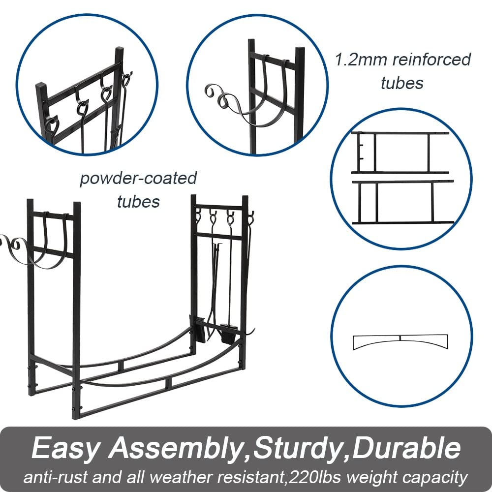 Yorovent 3FT Heavy Duty Firewood Rack,Log Storage Stand Rack With Fireplace Tool Set Removable Kindling Holder,Shovel,Poker, Tongs, Brush,Anti-Rust And All Weather Resistant,For Indoor Outdoor Black