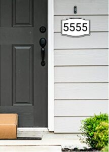 horizontal white and black house number, address plaque sign for mailbox, customized for house, store, office, outside, 911 visibility signage