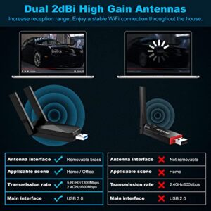 USB WiFi 6 Adapter for PC, AX1800 USB3.0 Wireless WiFi Adapter for Desktop PC with 5G/2.4G High Gain Antenna, Drive Free 1800Mbps Dual Band WiFi Dongle, PC WiFi Adapter Only Support Win10/11