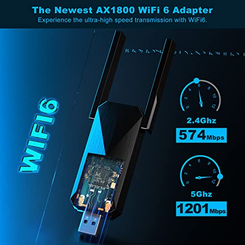 USB WiFi 6 Adapter for PC, AX1800 USB3.0 Wireless WiFi Adapter for Desktop PC with 5G/2.4G High Gain Antenna, Drive Free 1800Mbps Dual Band WiFi Dongle, PC WiFi Adapter Only Support Win10/11