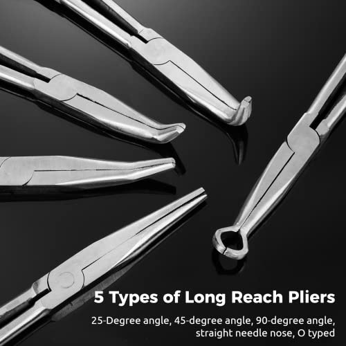 joyibay Long Reach Needle Nose Pliers, 5 Pcs 11-Inch Long Needle Nose Pliers Hose Grippers Set with Pouch, Includes Straight Angle, 25, 45, 90 Degree, O-Typed Long Reach Pliers for Narrow Spaces