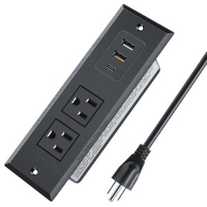yyska recessed power strip with 20w usb c port, etl listed conference recessed power outlet socket, fast charging usb-c qc3.0 3a usb-a desk outlet connect with 6 ft power cord for furniture. black