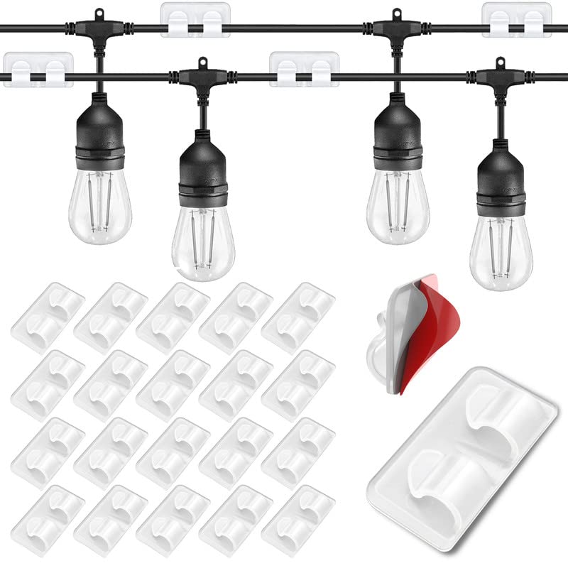 Outdoor Light Clips: 22 Clips Clear - Hooks for Outdoor String Lights - Light Clips for Outside Indoor Cables Cord - Adhesive Strips for Patio Hanging Heavy Duty Gutter Fence Roof Christmas Decor