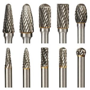 carbide burr set die grinder bits rotary tool bits 1/4" shank 10 pc double cut wood carving accessories cutting burrs metal grinding engraving polishing porting trimming