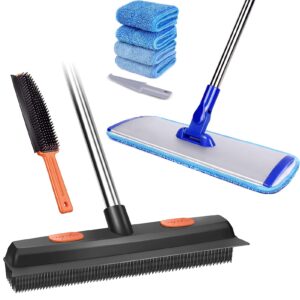 conliwell rubber broom carpet rake for pet hair, fur remover broom with squeegee and 18" professional microfiber mop floor cleaning system