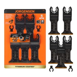 JORGENSEN 5 Pack Oscillating Saw Blades, Bi-Metal Multitool Blades with 2 Adapters, Titanium Coated Universal Multi Oscillating Tool Blade Kits for Plunge/Flush Cut to Multi-Material