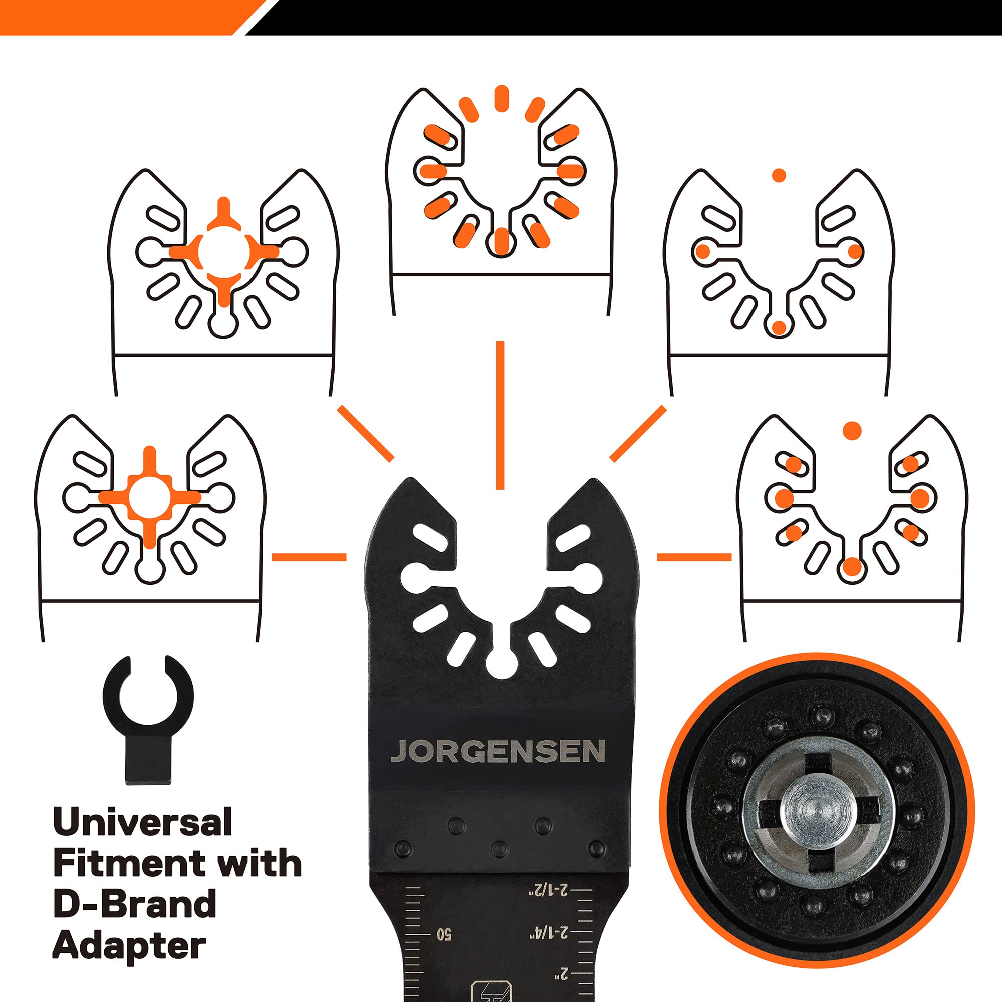 JORGENSEN 5 Pack Oscillating Saw Blades, Bi-Metal Multitool Blades with 2 Adapters, Titanium Coated Universal Multi Oscillating Tool Blade Kits for Plunge/Flush Cut to Multi-Material