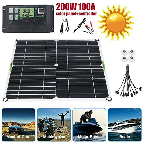 Paddsun 200W 12V Solar Panel Battery Charger Kit Monocrystalline PV Module for Car RV Marine Boat Caravan Off Grid System with 100A Charge Controller+Extension Cable