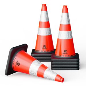 roadhero (8 pack) traffic safety cones 28 inch, pvc cone with black weighted base, orange cones with reflective collars for parking lot, road safety, construction events