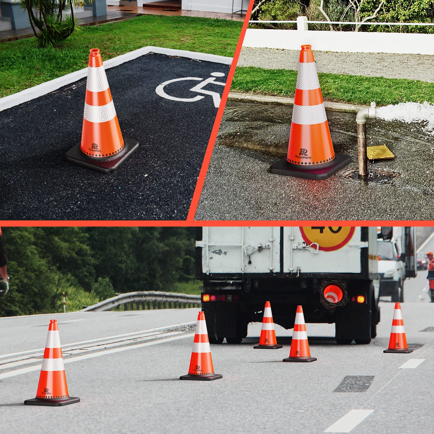 RoadHero (8 Pack) Traffic Safety Cones 28 Inch, PVC Cone with Black Weighted Base, Orange Cones with Reflective Collars for Parking Lot, Road Safety, Construction Events