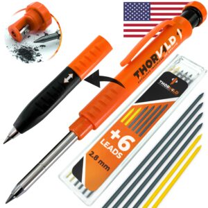 thorvald new 2-in1 carpenter pencils winth finger grip for carpenter (incl. 7 leads + sharpener) solid mechanical pencils with fine point/best marking tools construction/carpenters/scriber