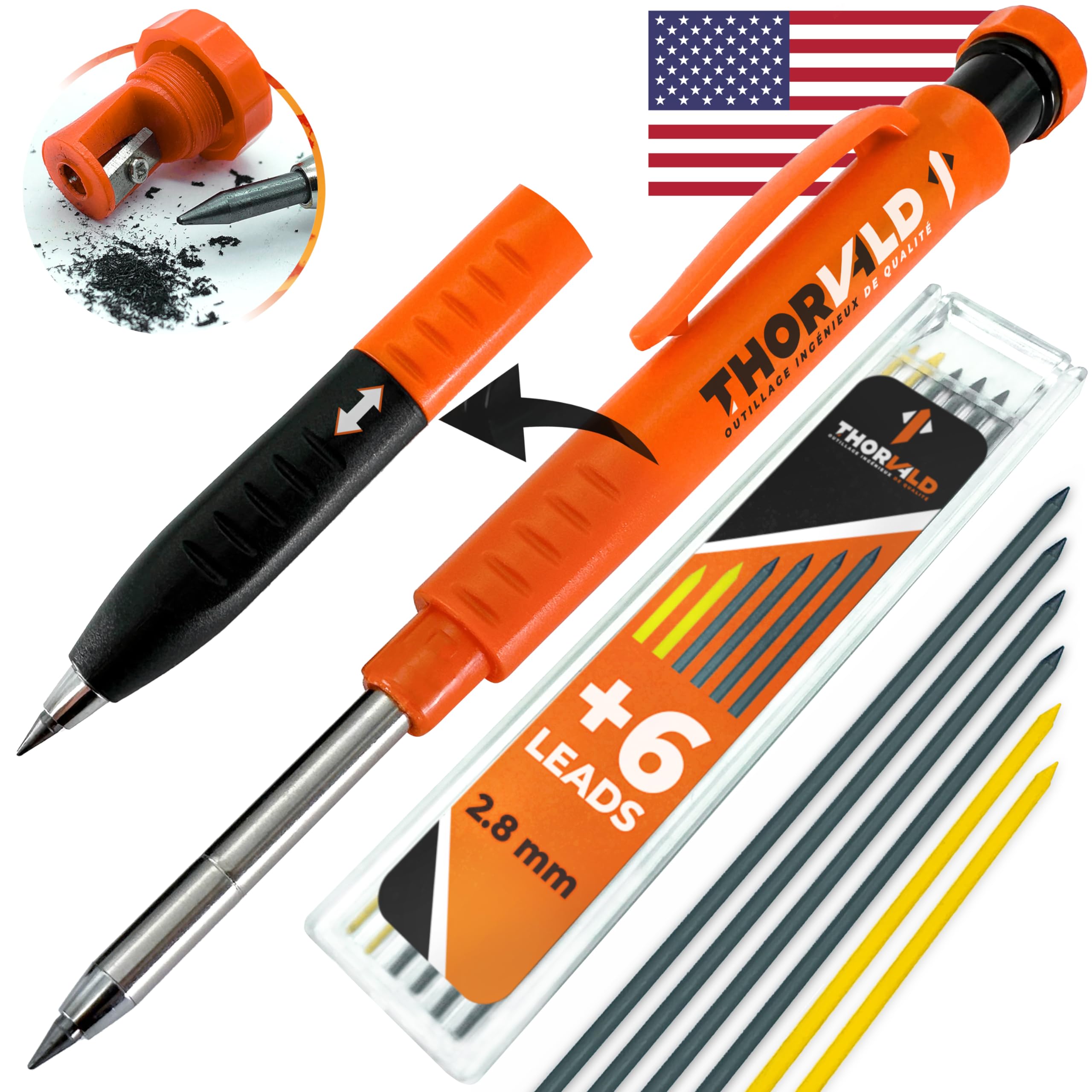 THORVALD New 2-in1 Carpenter Pencils winth Finger Grip for Carpenter (Incl. 7 Leads + Sharpener) Solid Mechanical Pencils with Fine Point/Best Marking tools Construction/Carpenters/Scriber