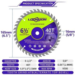 6-1/2 Inch Circular Saw Blade with 5/8 Inch Arbor, 40T Wood Cutting Disc for Various Wood Plastic Metal Cutting (2Pcs)
