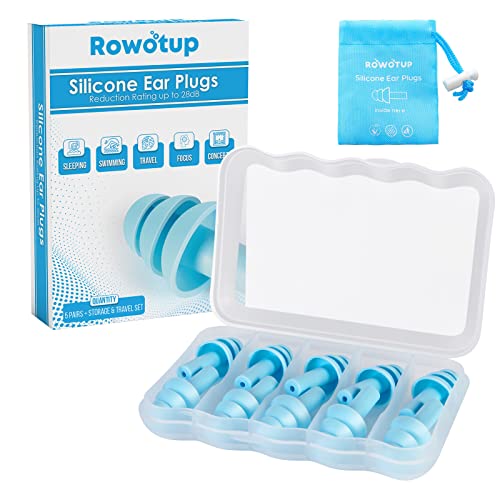 Reusable Silicone Ear Plugs - Rowotup Ultra Soft Waterproof Noise Cancelling Earplugs for Sleeping, Swimming, Snoring, Shooting, Concerts, Work - 28dB Highest Noise Reduction Rating (NRR) - 5 Pairs