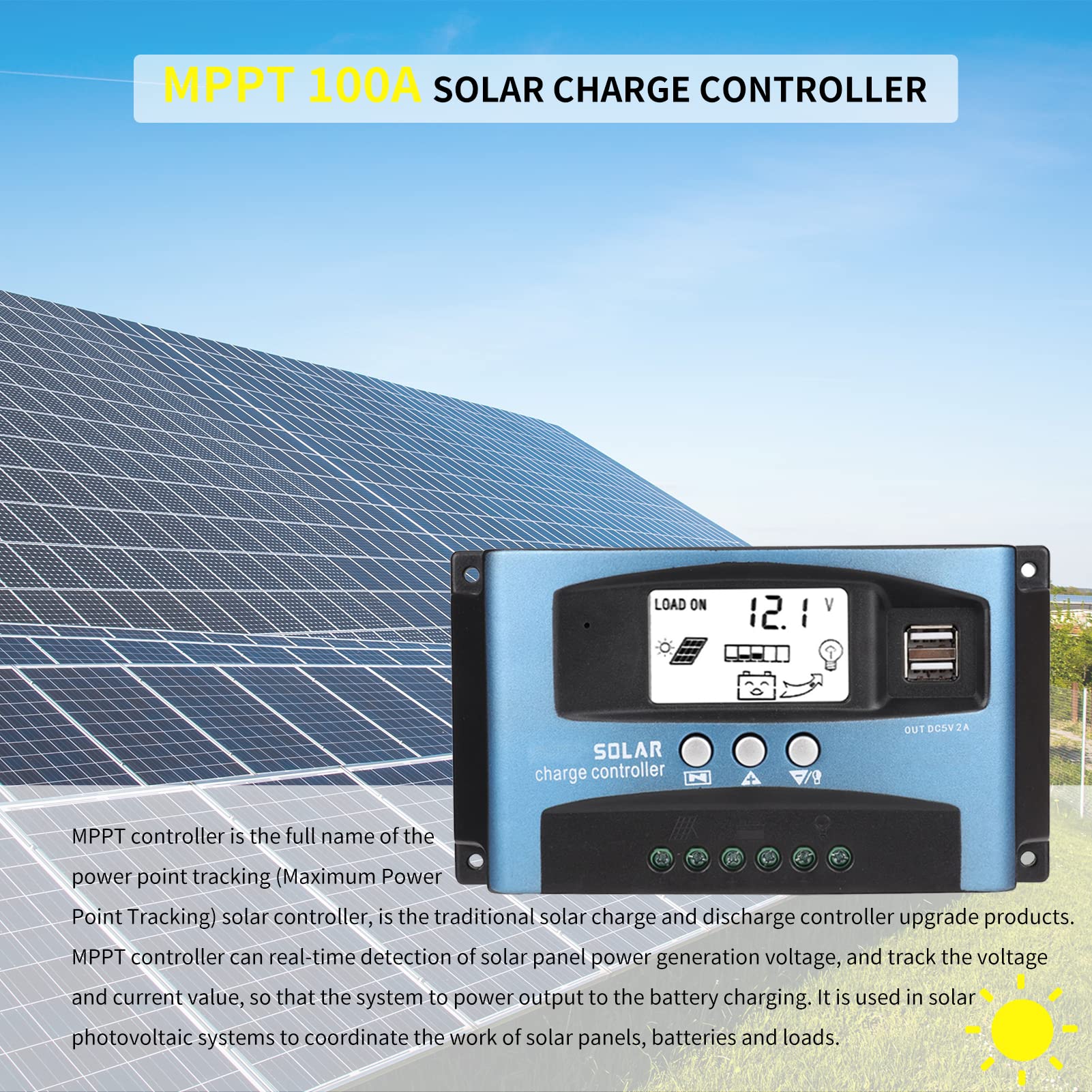 Gugxiom 100A Solar Charge Controller, 12V/24V Adaptive MPPT Tracking Charging Solar Charger Controller with LCD Display, 3 Stage Charging Dual USB Solar Panel Controller(100A)