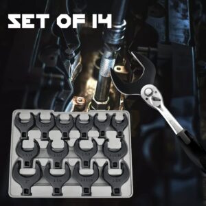 Owl Tools Jumbo Crows Foot Wrench Set 1/2 Drive - (14 Piece Set in Large SAE Sizes from 1 1/16" to 2") Black Oxide with Laser Etched Sizing Crowfoot Wrench Set