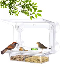window bird feeder with strong suction cups, crewor clear bird house feeders for outside wild birds, built-in level & removable tray, fits for cardinals, blue jays, bluebirds, finches, chickadees etc.