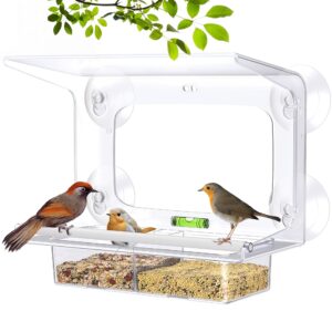 Window Bird Feeder with Strong Suction Cups, CREWOR Clear Bird House Feeders for Outside Wild Birds, Built-in Level & Removable Tray, Fits for Cardinals, Blue Jays, Bluebirds, Finches, Chickadees etc.