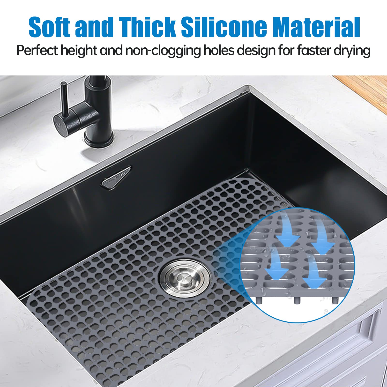 Silicone Kitchen Sink Mat MOSTWOGO-26''x14'' Center Drain Sink Protector for Bottom Kitchen Sink Stainless Steel, 1pcs No-Slip Anti-scratch Sink Grid Grate Accessories(Grey)