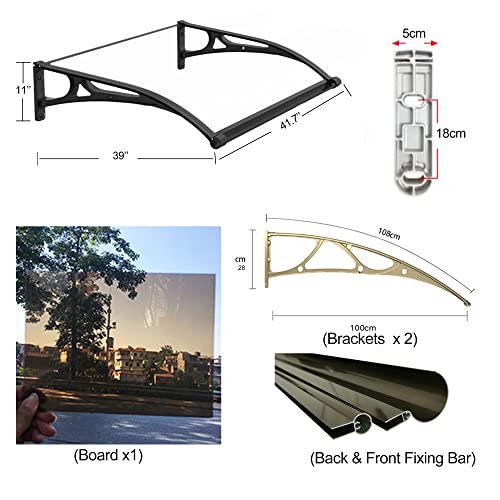 UEMMILLY Window Door Awning Canopy UPF 50+, Aluminum Black Bracket Polycarbonate Board.Front Doors/Windows Overhang Awning for Sun Shutter, UV, Rain, Snow Protection Solid Sheet