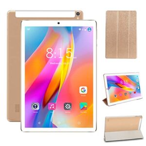 powmus 10 inch tablet android 10 phone tablet, tablet with dual sim, 32gb quad core, ips touchscreen, 8mp rear camera wifi gps bluetooth usb c, support 3g phone call, include tablet leather case