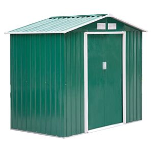 outsunny 7' x 4' outdoor storage shed, garden tool house with foundation, 4 vents and 2 easy sliding doors for backyard, patio, garage, lawn, green