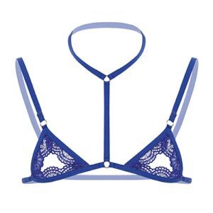 Men's Floral Hollow Out Strappy Bra Sissy Lace See Through Sheer Bralette Adjustable Straps Bikini Lingerie Top (Blue,Large)