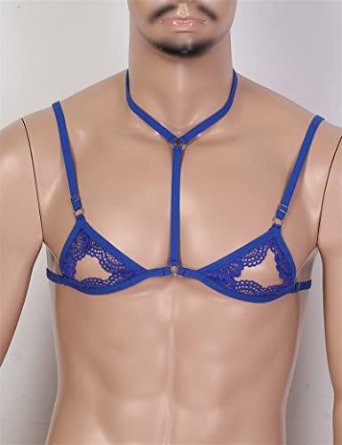 Men's Floral Hollow Out Strappy Bra Sissy Lace See Through Sheer Bralette Adjustable Straps Bikini Lingerie Top (Blue,Large)