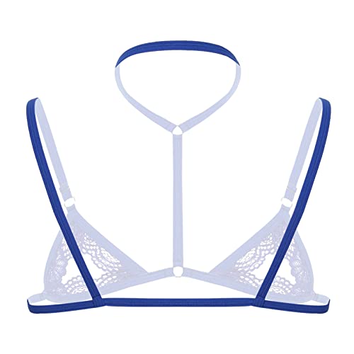 Men's Floral Hollow Out Strappy Bra Sissy Lace See Through Sheer Bralette Adjustable Straps Bikini Lingerie Top (Blue,Large)