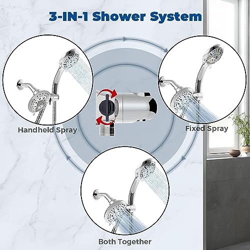 High Pressure 3-Way Shower Head Combo Dual Shower Head with Stainless Steel Hose Enjoy Luxurious 6-setting Rain Shower Head & 9-Setting Hand Held Shower Separately or Together
