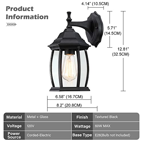 Pia Ricco Outdoor Wall Lights, Textured Black Exterior Light Fixtures with Clear Glass Shade, Waterproof Front Porch Lighting, Modern Sconces Lantern for Outside, House, Garage, E26 Socket, ETL Listed
