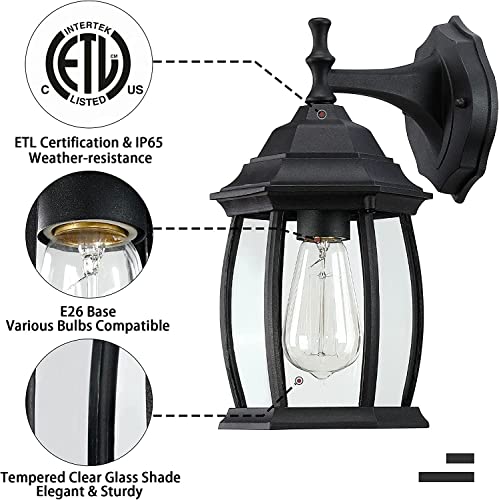 Pia Ricco Outdoor Wall Lights, Textured Black Exterior Light Fixtures with Clear Glass Shade, Waterproof Front Porch Lighting, Modern Sconces Lantern for Outside, House, Garage, E26 Socket, ETL Listed