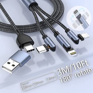 180°rotation multi charging cable, 3m universal phone charger 2-in-1 usb a to c pd port and 3 in 1 charging cable cord with iphone/type c/micro connectors sync charger adapter for laptop/tablet/phone