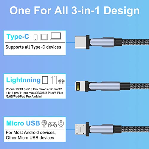 180°Rotation Multi Charging Cable, 3M Universal Phone Charger 2-in-1 USB A to C PD Port and 3 in 1 Charging Cable Cord with iPhone/Type C/Micro Connectors Sync Charger Adapter for Laptop/Tablet/Phone