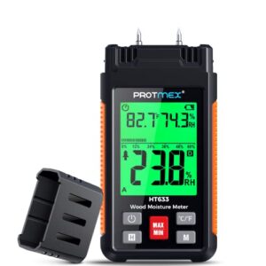protmex ht633 digital wood moisture meter, water leak detector, pin type, three colors backlit lcd display with visual high-medium-low moisture content, temperature and humidity measure (pin-type)