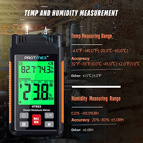 Protmex HT633 Digital Wood Moisture Meter, Water Leak Detector, Pin Type, Three Colors Backlit LCD Display With Visual High-Medium-Low Moisture Content, Temperature and Humidity Measure (Pin-type)
