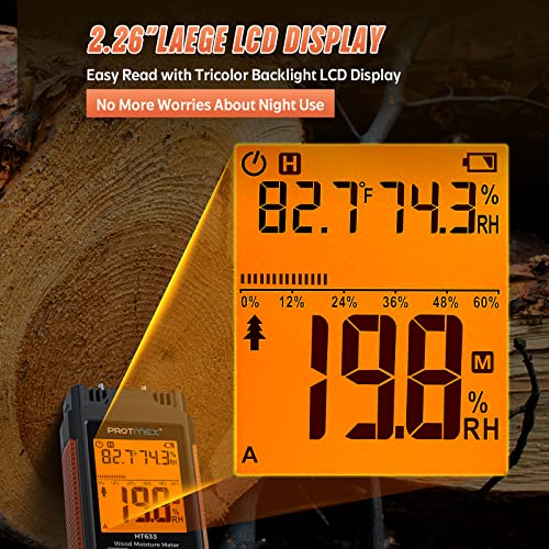 Protmex HT633 Digital Wood Moisture Meter, Water Leak Detector, Pin Type, Three Colors Backlit LCD Display With Visual High-Medium-Low Moisture Content, Temperature and Humidity Measure (Pin-type)