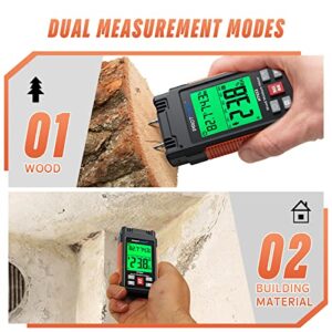 Protmex HT633 Digital Wood Moisture Meter, Water Leak Detector, Pin Type, Three Colors Backlit LCD Display With Visual High-Medium-Low Moisture Content, Temperature and Humidity Measure (Pin-type)