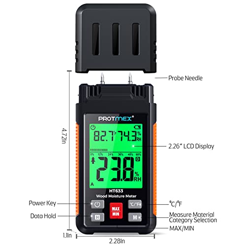 Protmex HT633 Digital Wood Moisture Meter, Water Leak Detector, Pin Type, Three Colors Backlit LCD Display With Visual High-Medium-Low Moisture Content, Temperature and Humidity Measure (Pin-type)