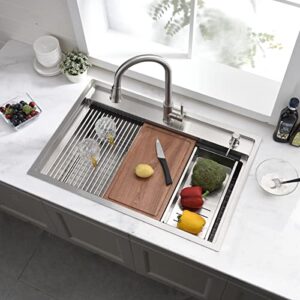 33 inch Drop in Kitchen Sink Splash Guard Workstation - Top Mount Sink 16 Gauge Stainless Steel Large Sink Single Bowl with Cutting Board and Accessories