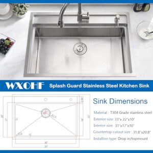 33 inch Drop in Kitchen Sink Splash Guard Workstation - Top Mount Sink 16 Gauge Stainless Steel Large Sink Single Bowl with Cutting Board and Accessories