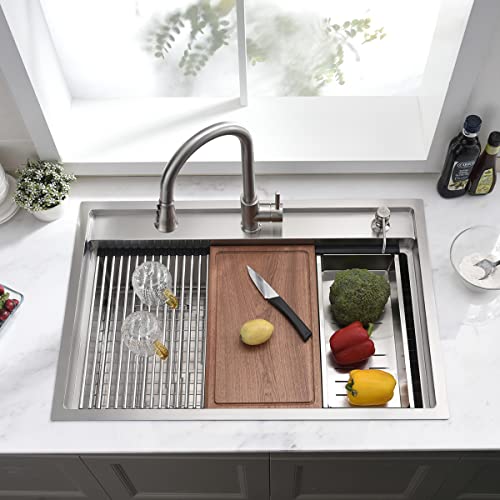 33 inch Drop in Kitchen Sink Splash Guard Workstation - Top Mount Sink 16 Gauge Stainless Steel Large Sink Single Bowl with Cutting Board and Accessories