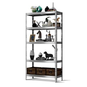 tangkula garage storage shelves, 5-tier metal shelves for storage, shelving unit with foot pads, heavy duty storage rack, 2866lbs load capacity, bolt-free assembly, 39 x 16 x 77 inches (1, silver)